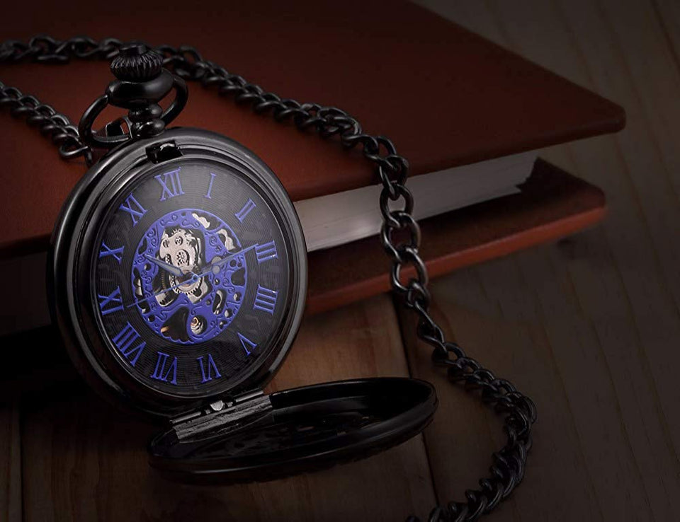 LYMFHCH Steampunk Blue Hands Scale Mechanical Skeleton Pocket Watch with Chain As Xmas Fathers Day Gift