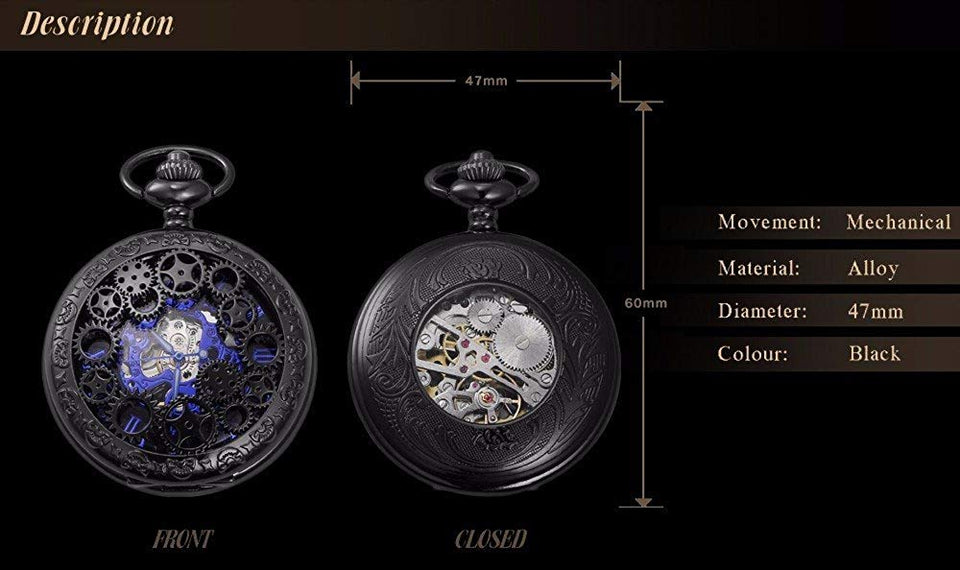 LYMFHCH Steampunk Blue Hands Scale Mechanical Skeleton Pocket Watch with Chain As Xmas Fathers Day Gift