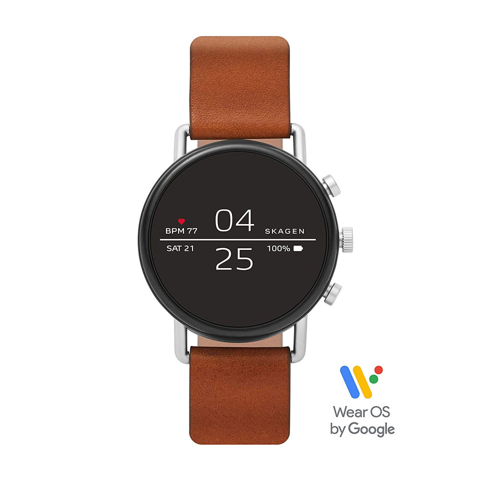 Skagen Connected Falster 2 Stainless Steel and Leather Touchscreen Smartwatch with Heart Rate, GPS, NFC, and Smartphone Notifications