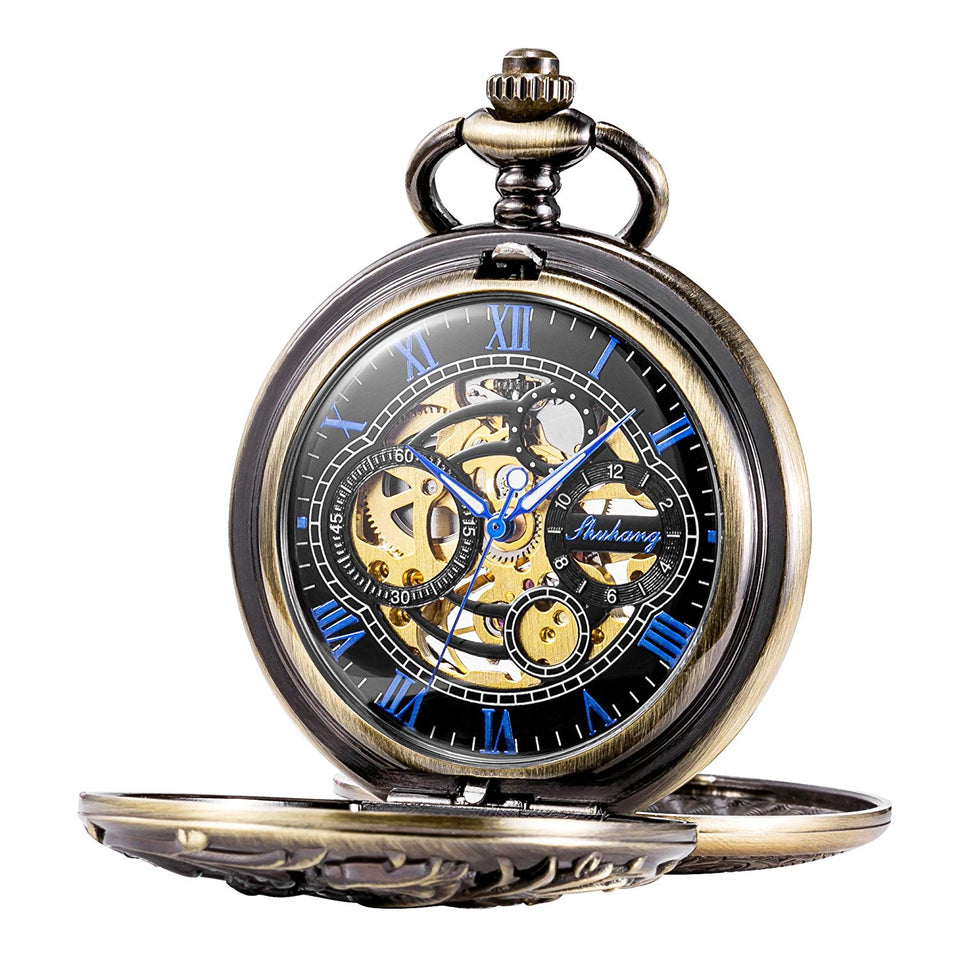 Treeweto Antique Brone Dragon Mechanical Skeleton Pocket Watch with Chain