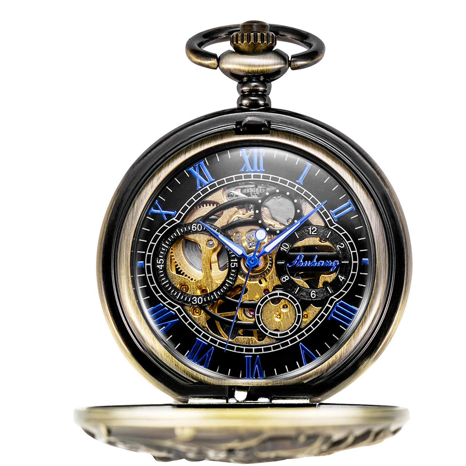 Treeweto Antique Brone Dragon Mechanical Skeleton Pocket Watch with Chain