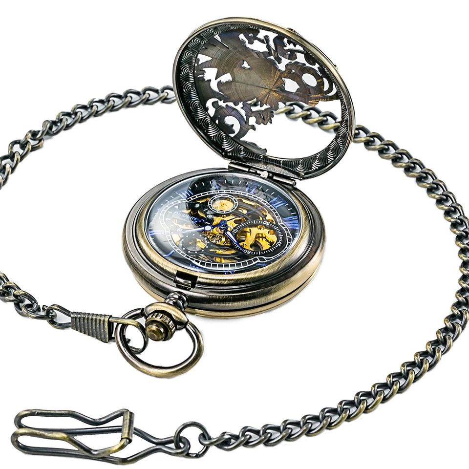 Treeweto Antique Brone Dragon Mechanical Skeleton Pocket Watch with Chain