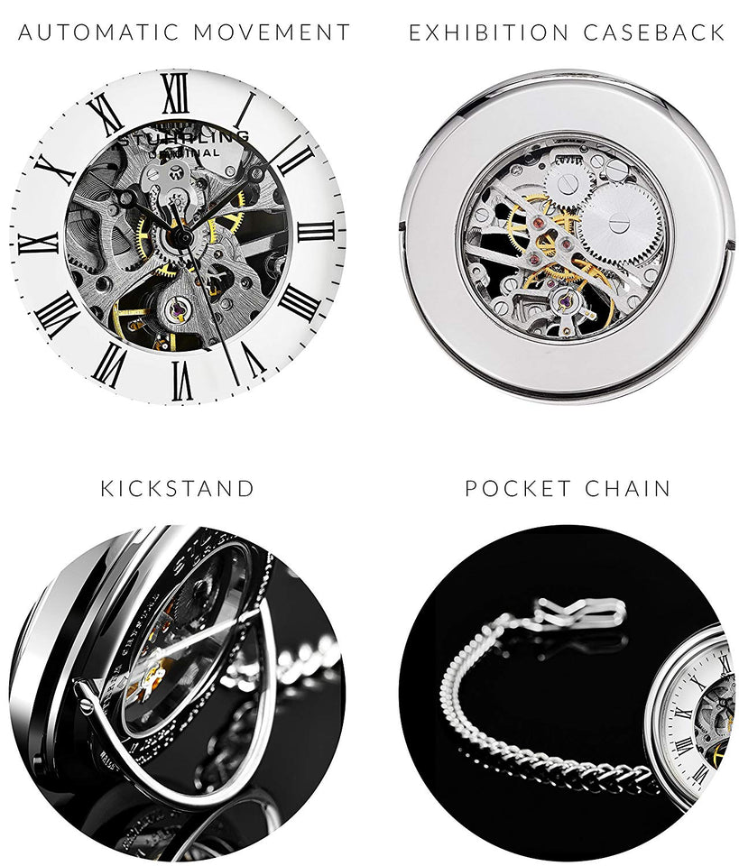 Stuhrling Original Mens Vintage Mechanical Pocket Watch - Stainless Steel Analog Skeleton Hand Wind Mechanical Watch with Belt Clip Stainless Steel Chain 6053.33113