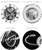 Stuhrling Original Mens Vintage Mechanical Pocket Watch - Stainless Steel Analog Skeleton Hand Wind Mechanical Watch with Belt Clip Stainless Steel Chain 6053.33113