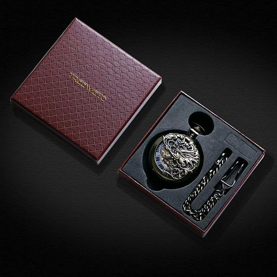 Treeweto Antique Brone Dragon Mechanical Skeleton Pocket Watch with Chain