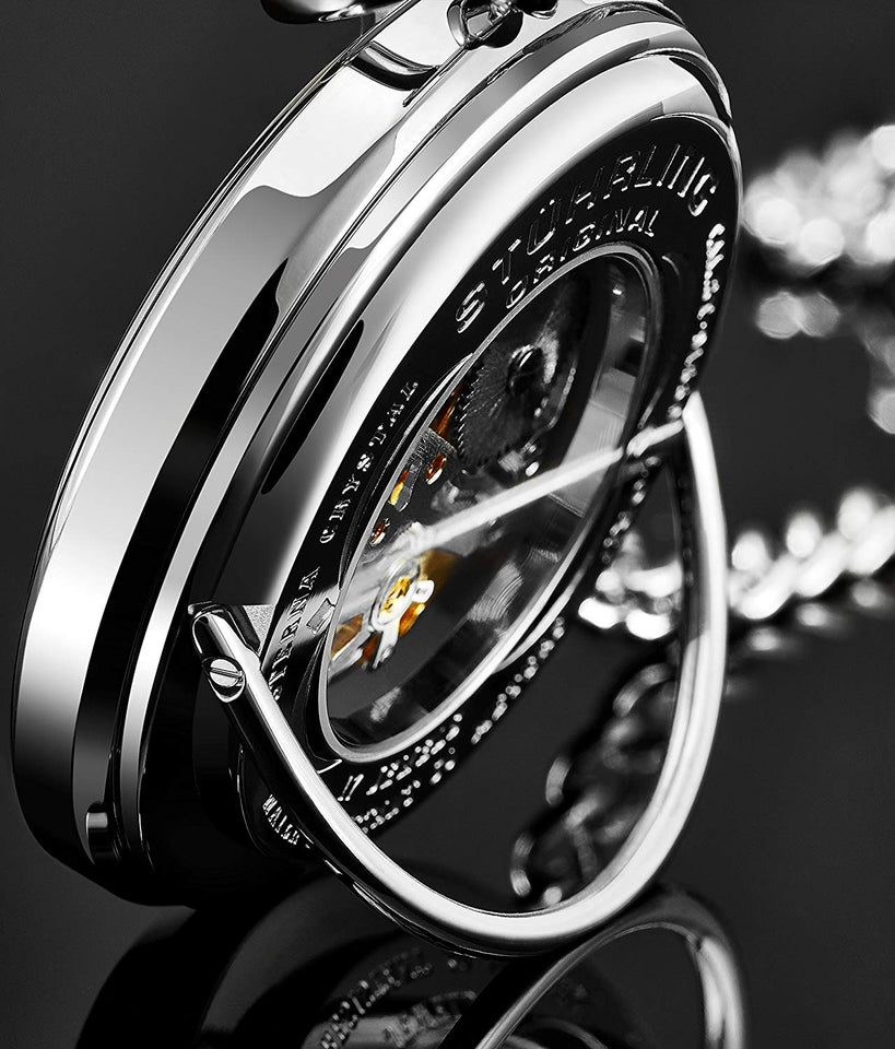 Stuhrling Original Mens Vintage Mechanical Pocket Watch - Stainless Steel Analog Skeleton Hand Wind Mechanical Watch with Belt Clip Stainless Steel Chain 6053.33113