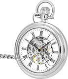 Stuhrling Original Mens Vintage Mechanical Pocket Watch - Stainless Steel Analog Skeleton Hand Wind Mechanical Watch with Belt Clip Stainless Steel Chain 6053.33113