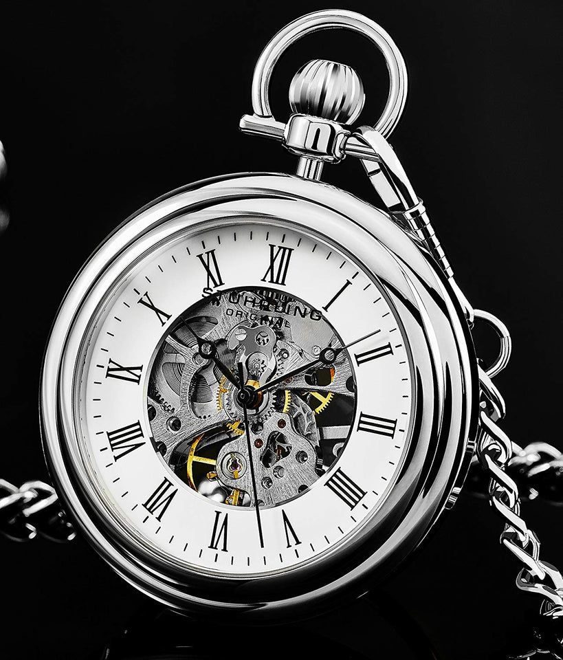 Stuhrling Original Mens Vintage Mechanical Pocket Watch - Stainless Steel Analog Skeleton Hand Wind Mechanical Watch with Belt Clip Stainless Steel Chain 6053.33113