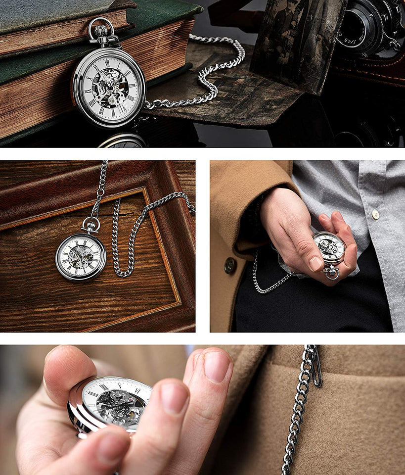 Stuhrling Original Mens Vintage Mechanical Pocket Watch - Stainless Steel Analog Skeleton Hand Wind Mechanical Watch with Belt Clip Stainless Steel Chain 6053.33113