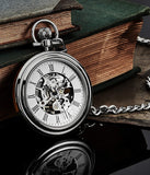 Stuhrling Original Mens Vintage Mechanical Pocket Watch - Stainless Steel Analog Skeleton Hand Wind Mechanical Watch with Belt Clip Stainless Steel Chain 6053.33113